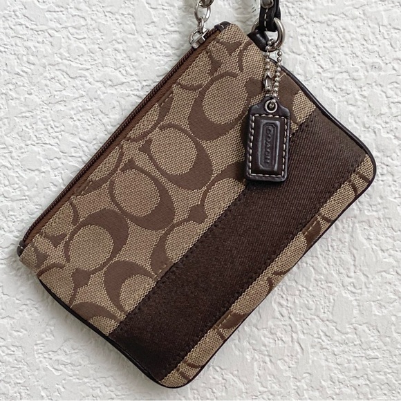 COACH Signature Stripe Brown Wristlet Wallet - Picture 2 of 9